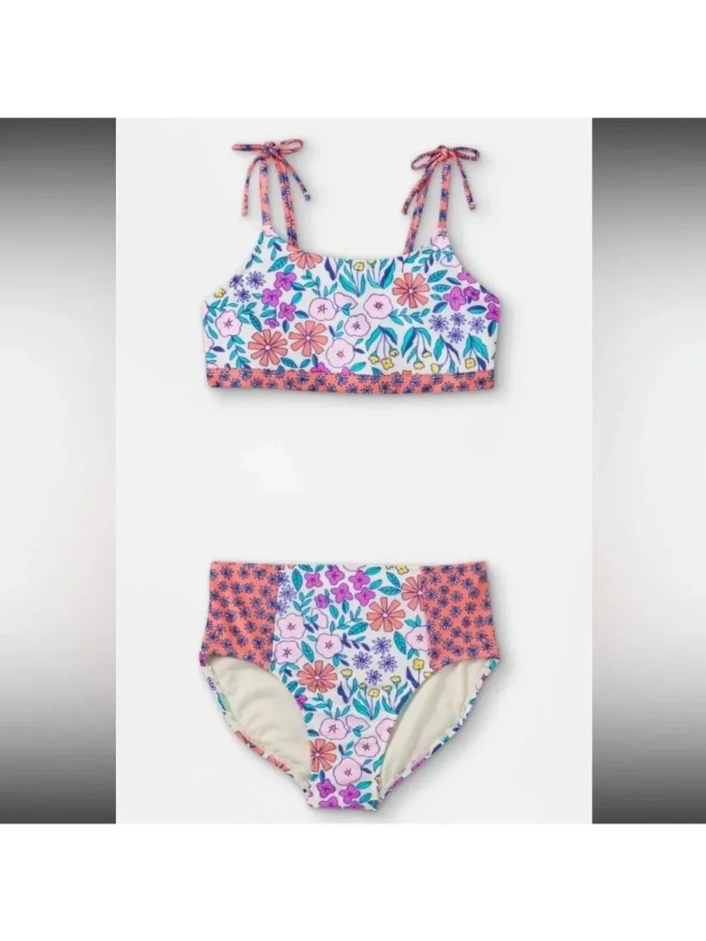 Girls Cat & Jack Floral Two-Piece Swimsuit With Tie Straps Size S Multicolor sz